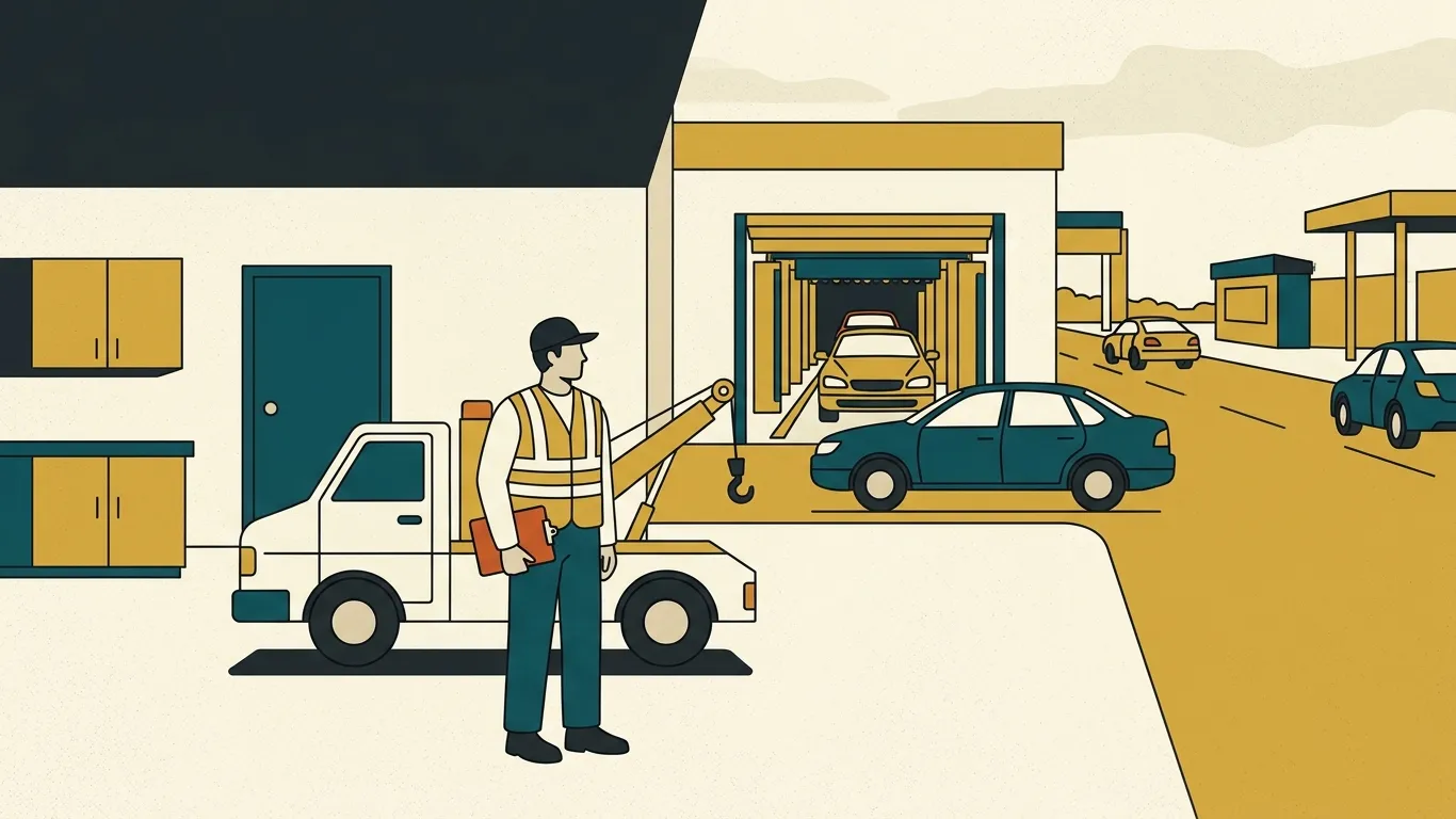 A tow truck driver in a high-visibility vest stands with a clipboard beside a car wash tunnel
