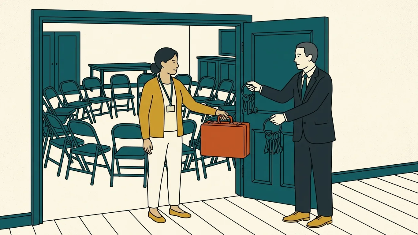 A Weight Watchers manager hands a briefcase to a corporate executive in the doorway of a meeting hall