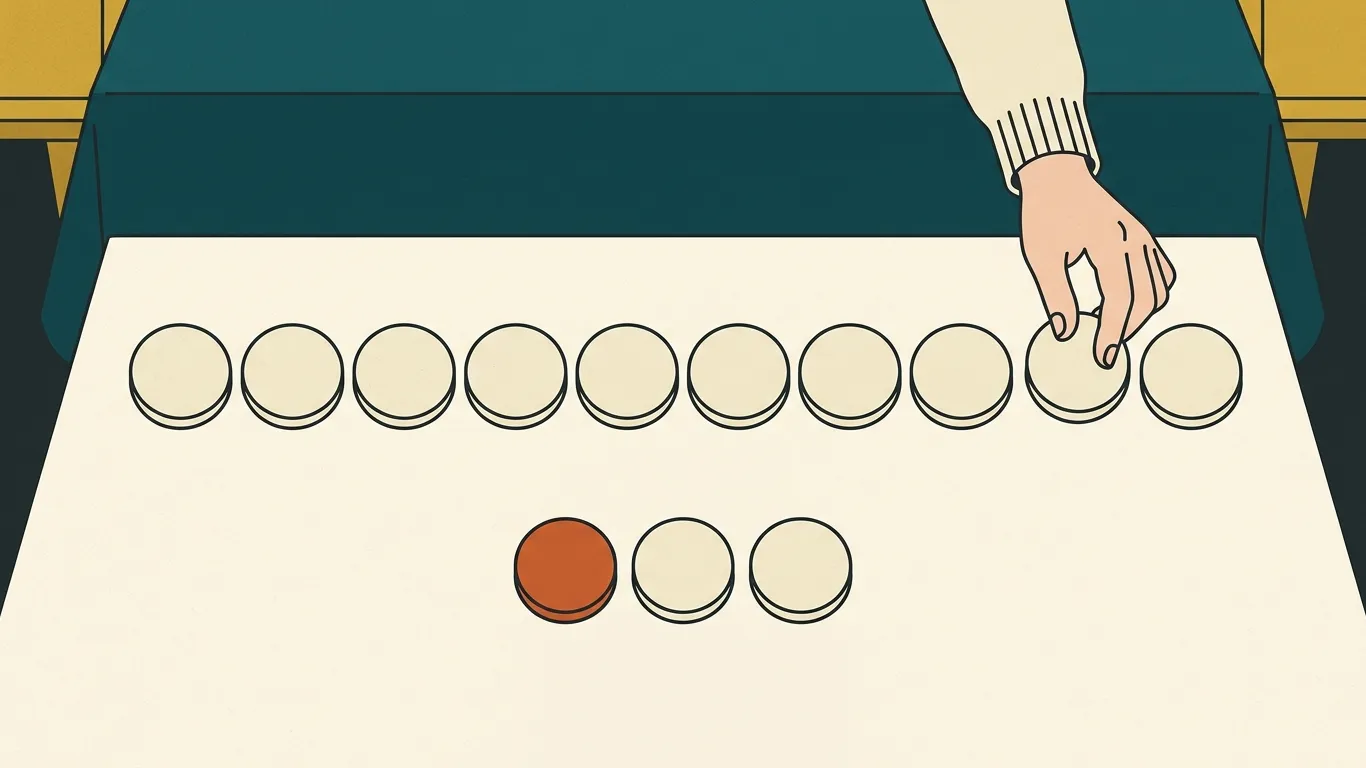A hand moves counters on a table: ten pale counters in a row, and three below them, one of them orange