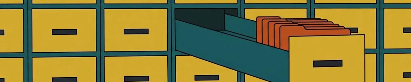 A wall of filing cabinet drawers with one drawer pulled open to show its files